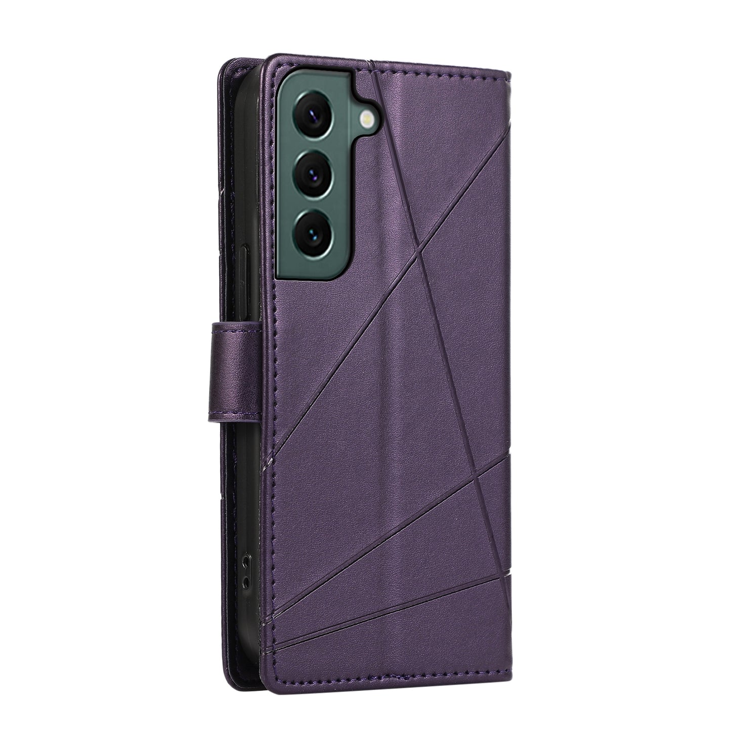 For Samsung Galaxy S22 5G Genuine Leather Texture Embossed Line Phone Case with Card Wallet & Kickstand