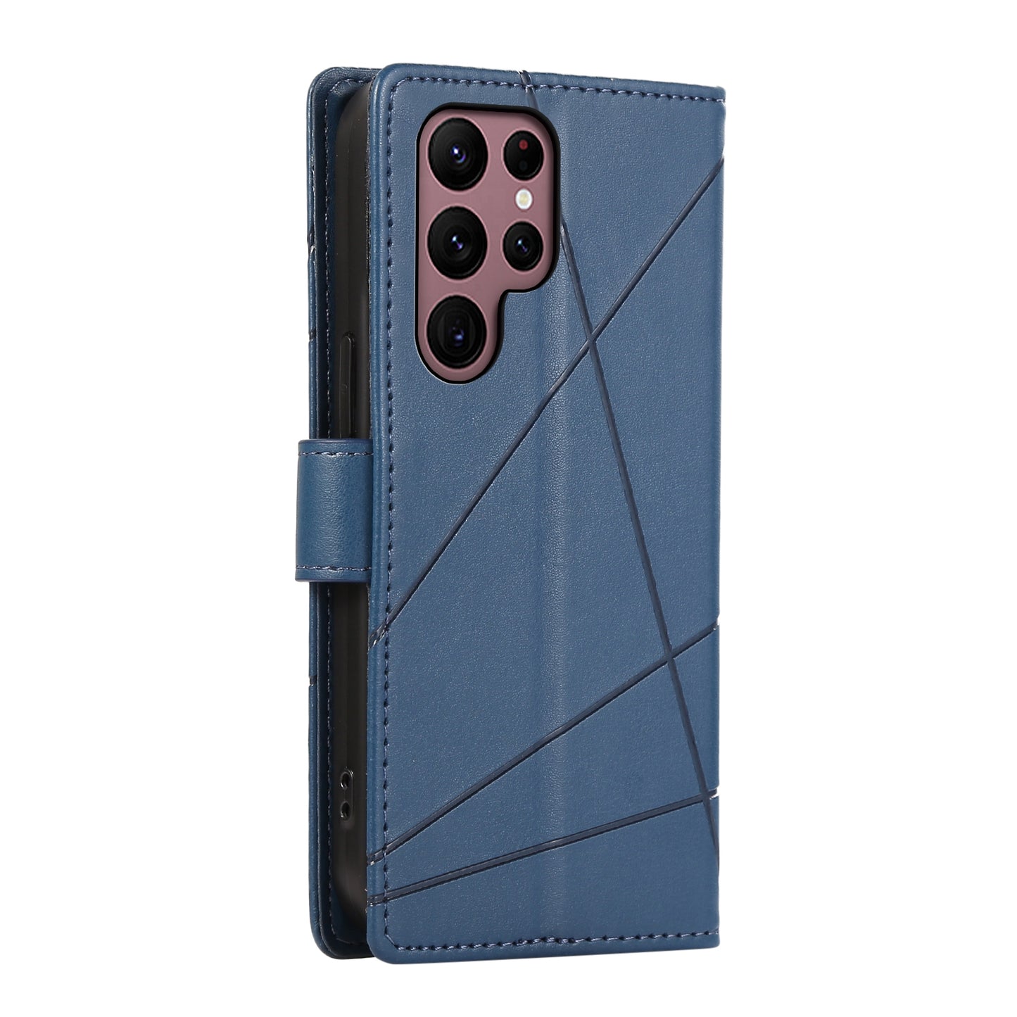 For Samsung Galaxy S22 Ultra 5G Genuine Leather Texture Embossed Line Phone Case with Card Wallet & Kickstand