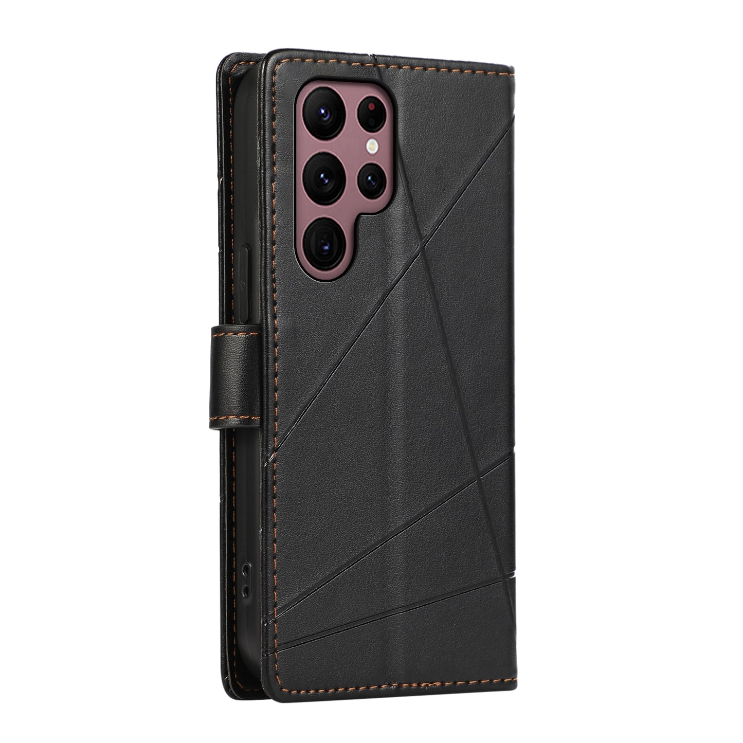 For Samsung Galaxy S22 Ultra 5G Genuine Leather Texture Embossed Line Phone Case with Card Wallet & Kickstand