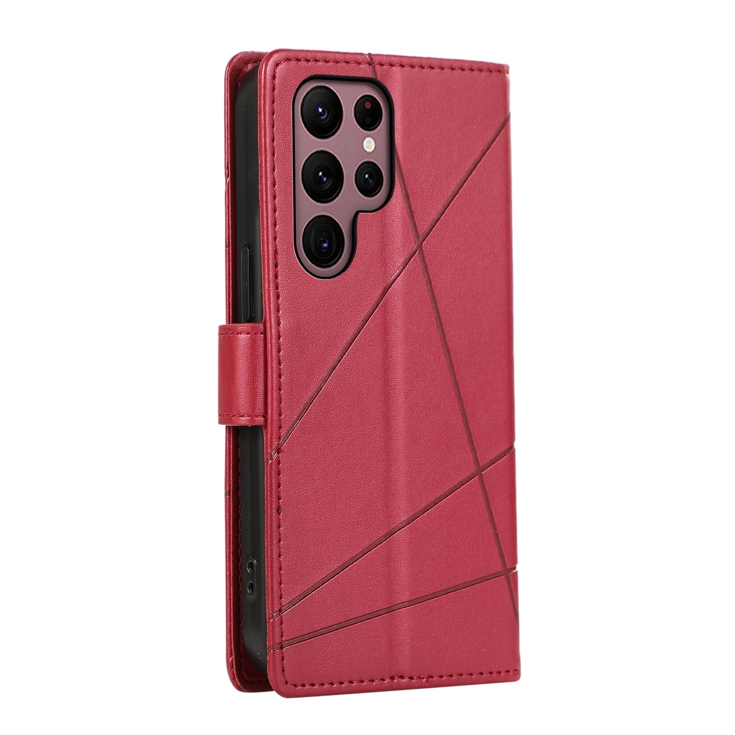 For Samsung Galaxy S22 Ultra 5G Genuine Leather Texture Embossed Line Phone Case with Card Wallet & Kickstand