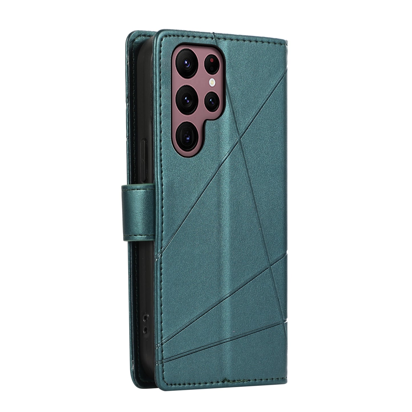For Samsung Galaxy S22 Ultra 5G Genuine Leather Texture Embossed Line Phone Case with Card Wallet & Kickstand