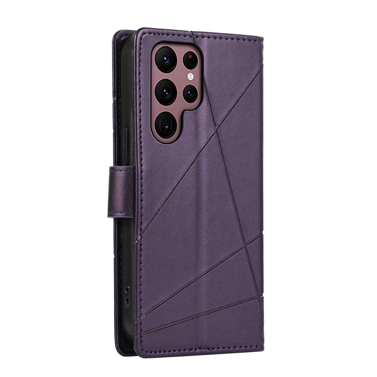 For Samsung Galaxy S22 Ultra 5G Genuine Leather Texture Embossed Line Phone Case with Card Wallet & Kickstand