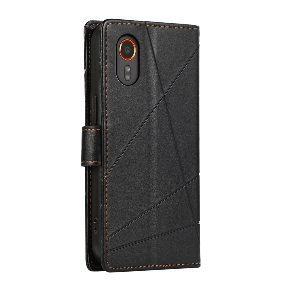For Samsung Galaxy XCover 7 Genuine Leather Texture Embossed Line Phone Case with Card Wallet & Kickstand