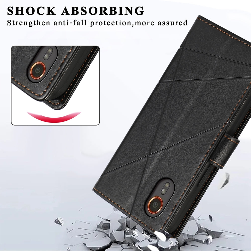 For Samsung Galaxy XCover 7 Genuine Leather Texture Embossed Line Phone Case with Card Wallet & Kickstand