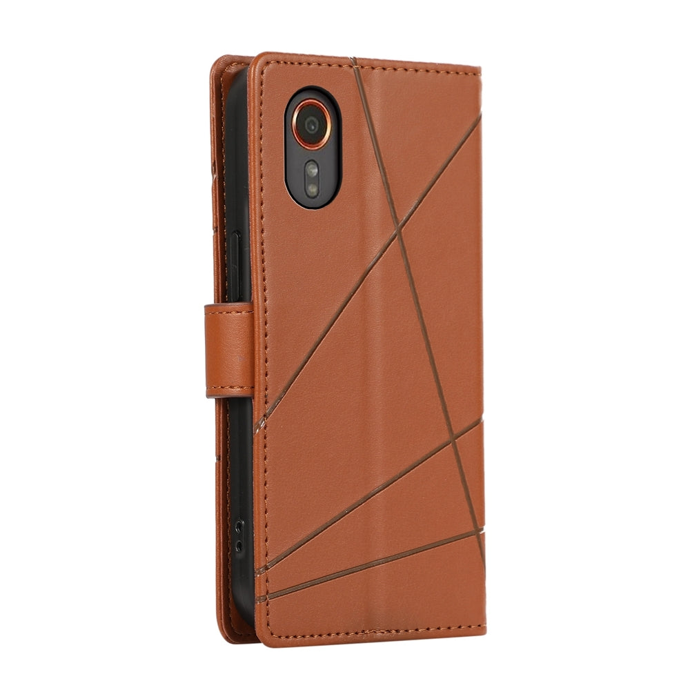 For Samsung Galaxy XCover 7 Genuine Leather Texture Embossed Line Phone Case with Card Wallet & Kickstand