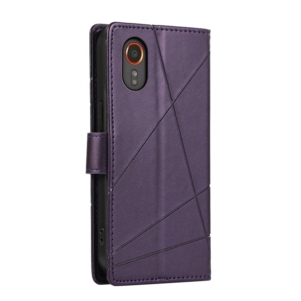 For Samsung Galaxy XCover 7 Genuine Leather Texture Embossed Line Phone Case with Card Wallet & Kickstand
