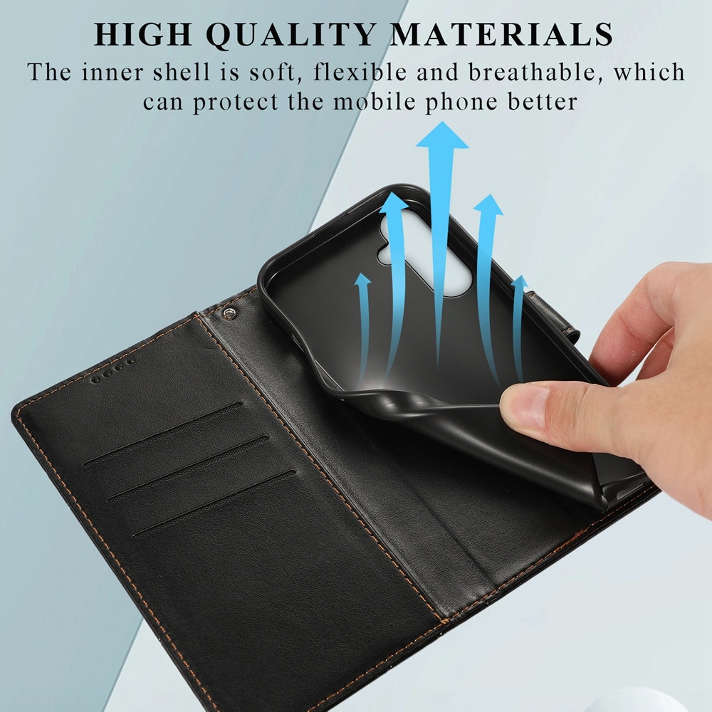 For Samsung Galaxy M55 Genuine Leather Texture Embossed Line Phone Case with Card Wallet & Kickstand