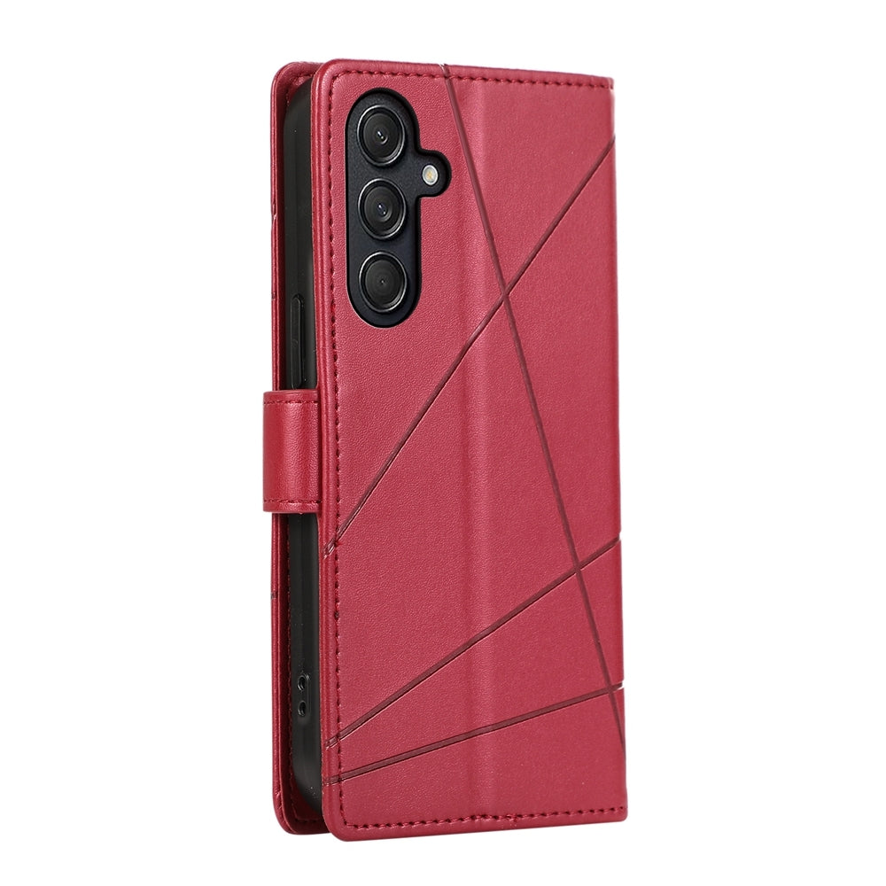 For Samsung Galaxy M55 Genuine Leather Texture Embossed Line Phone Case with Card Wallet & Kickstand