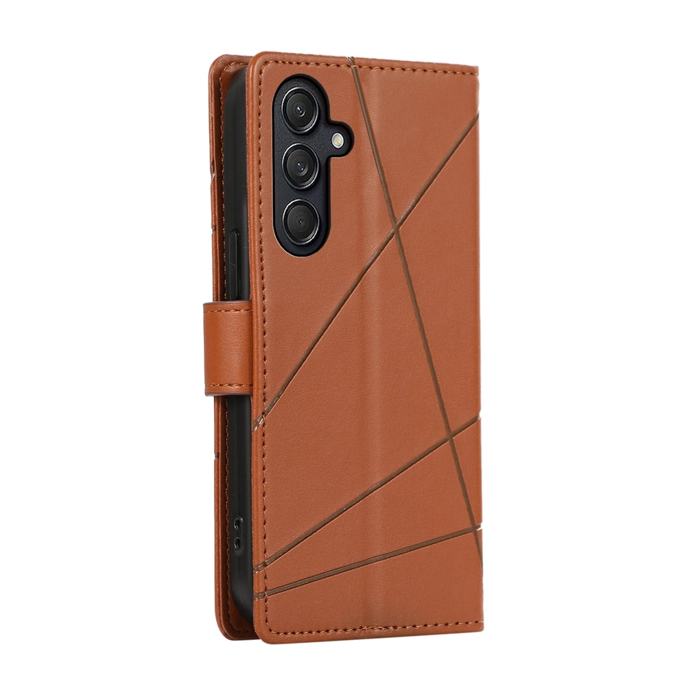 For Samsung Galaxy M55 Genuine Leather Texture Embossed Line Phone Case with Card Wallet & Kickstand