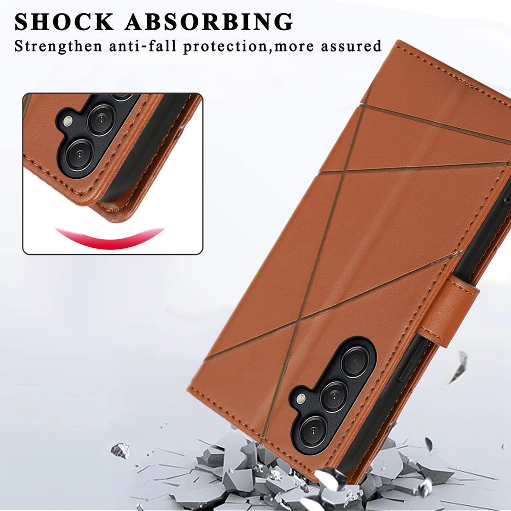 For Samsung Galaxy M55 Genuine Leather Texture Embossed Line Phone Case with Card Wallet & Kickstand