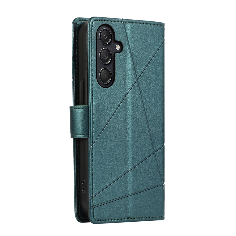 For Samsung Galaxy M55 Genuine Leather Texture Embossed Line Phone Case with Card Wallet & Kickstand