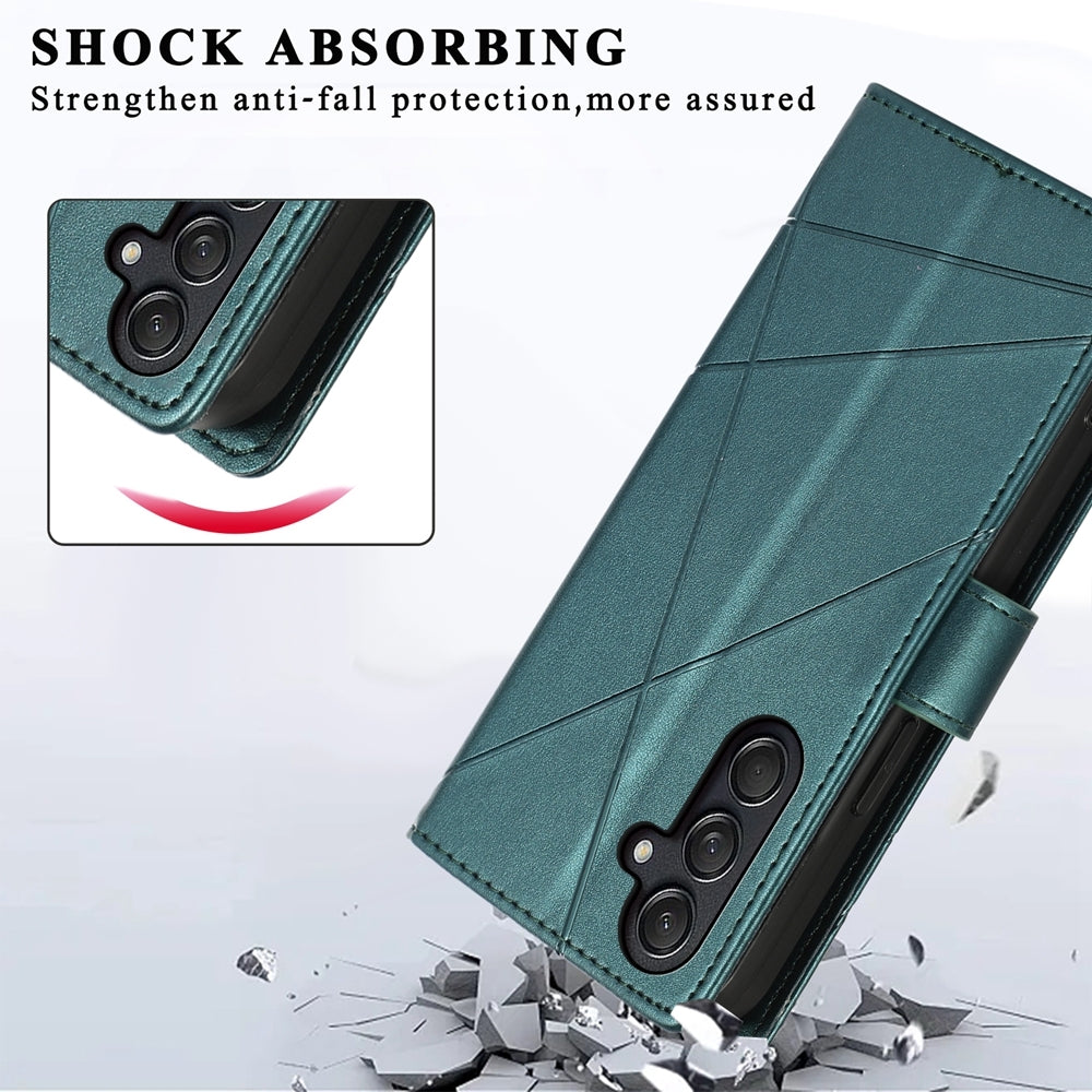 For Samsung Galaxy M55 Genuine Leather Texture Embossed Line Phone Case with Card Wallet & Kickstand