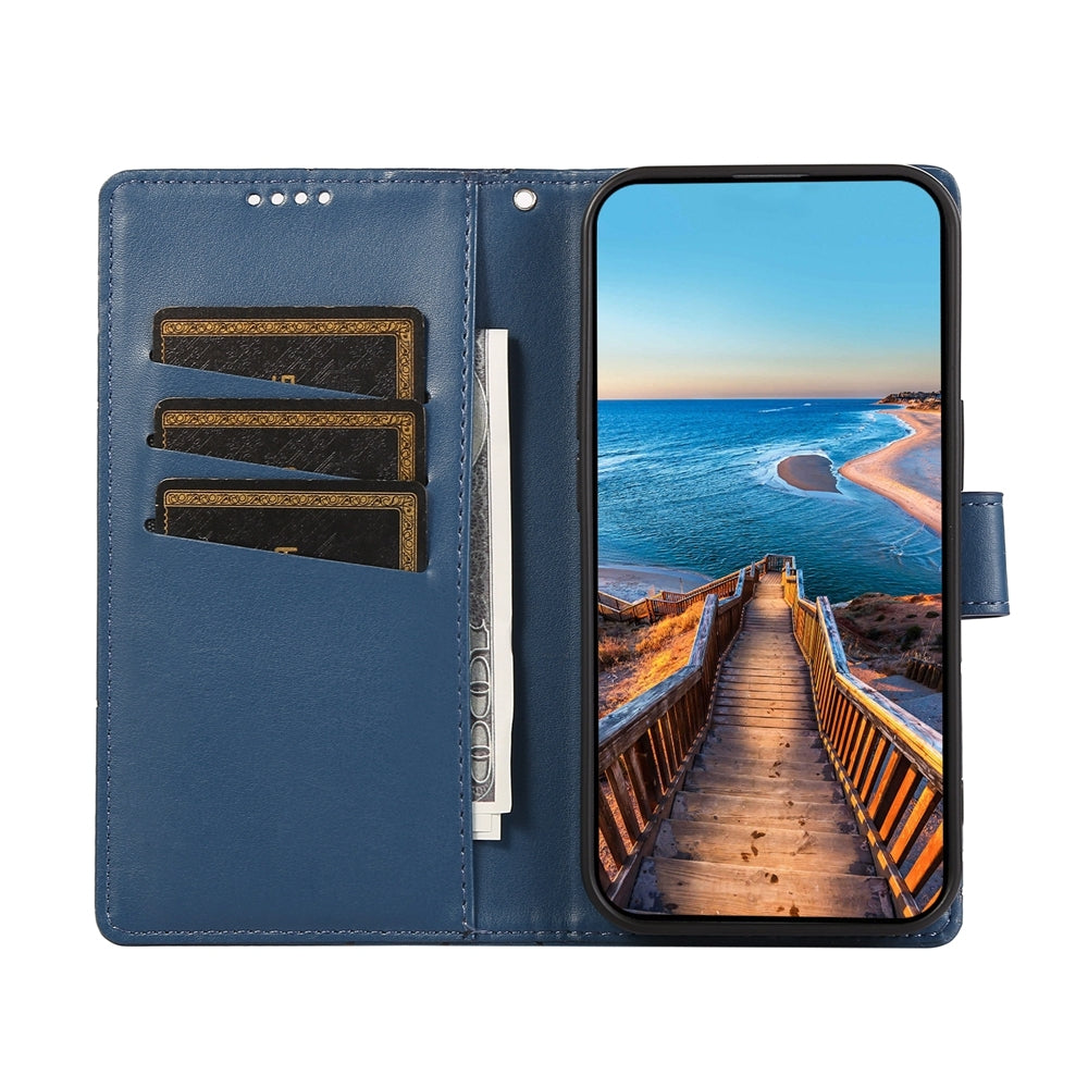 For Samsung Galaxy M62 Genuine Leather Texture Embossed Line Phone Case with Card Wallet & Kickstand