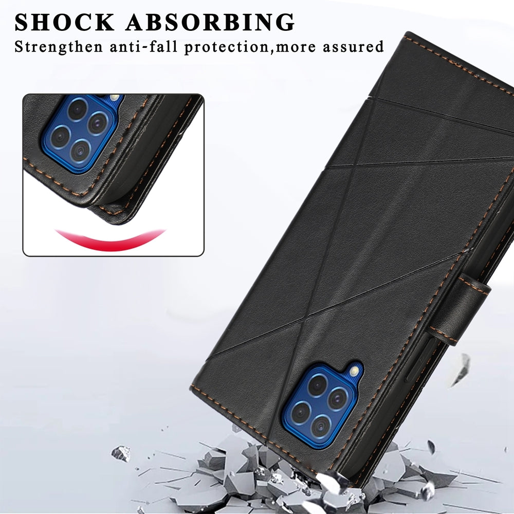 For Samsung Galaxy M62 Genuine Leather Texture Embossed Line Phone Case with Card Wallet & Kickstand