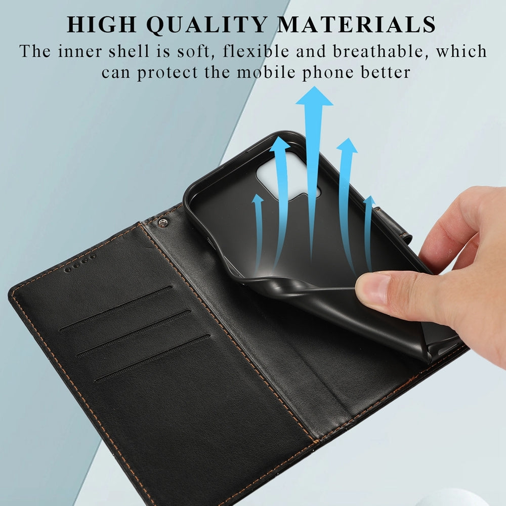 For Samsung Galaxy M62 Genuine Leather Texture Embossed Line Phone Case with Card Wallet & Kickstand