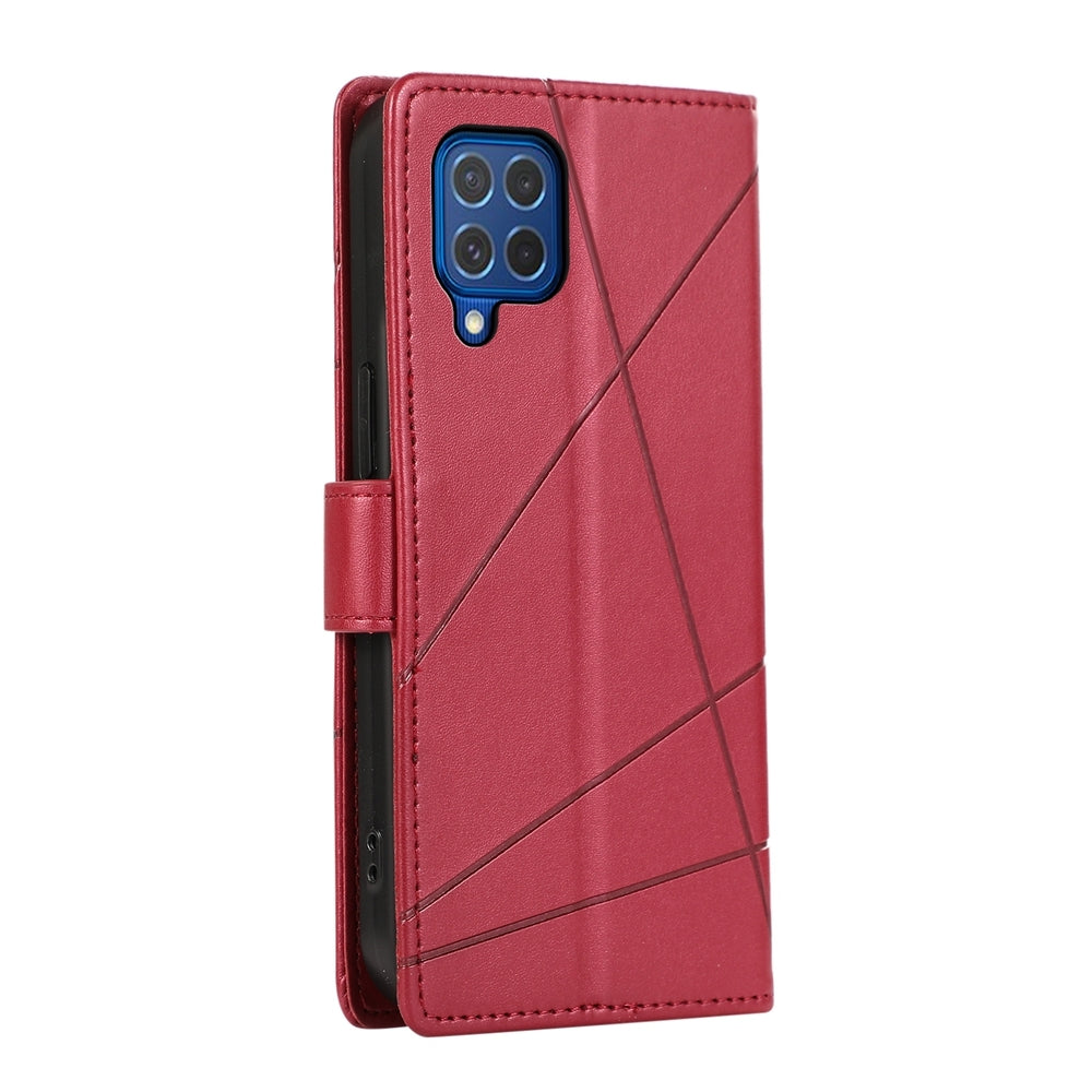 For Samsung Galaxy M62 Genuine Leather Texture Embossed Line Phone Case with Card Wallet & Kickstand