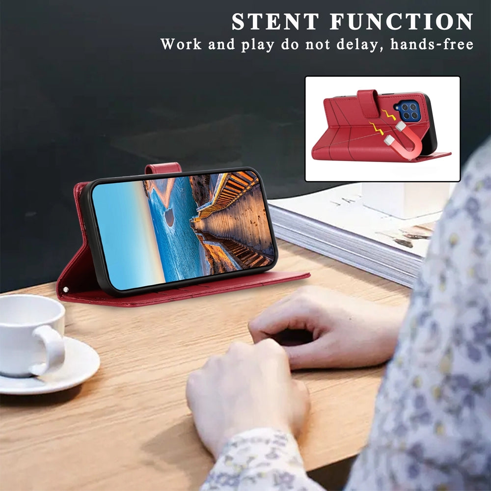 For Samsung Galaxy M62 Genuine Leather Texture Embossed Line Phone Case with Card Wallet & Kickstand