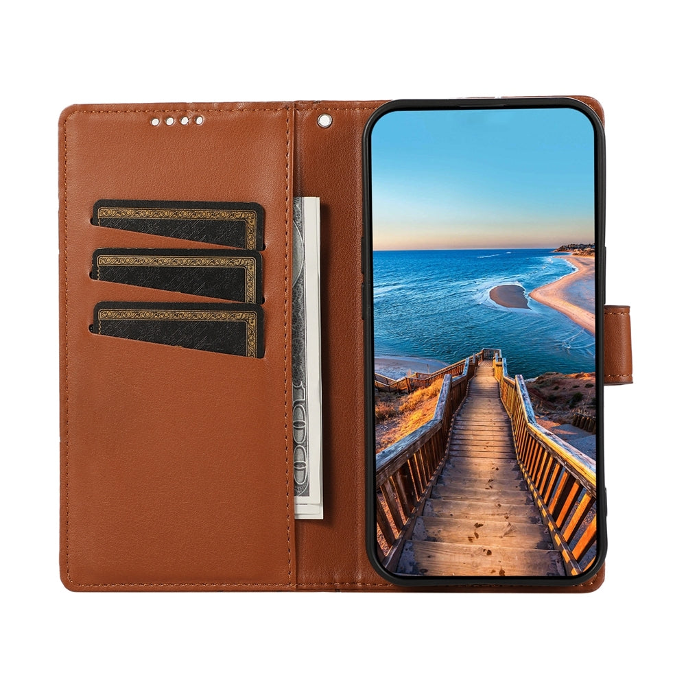 For Samsung Galaxy M62 Genuine Leather Texture Embossed Line Phone Case with Card Wallet & Kickstand