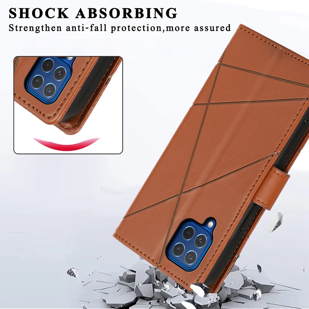 For Samsung Galaxy M62 Genuine Leather Texture Embossed Line Phone Case with Card Wallet & Kickstand