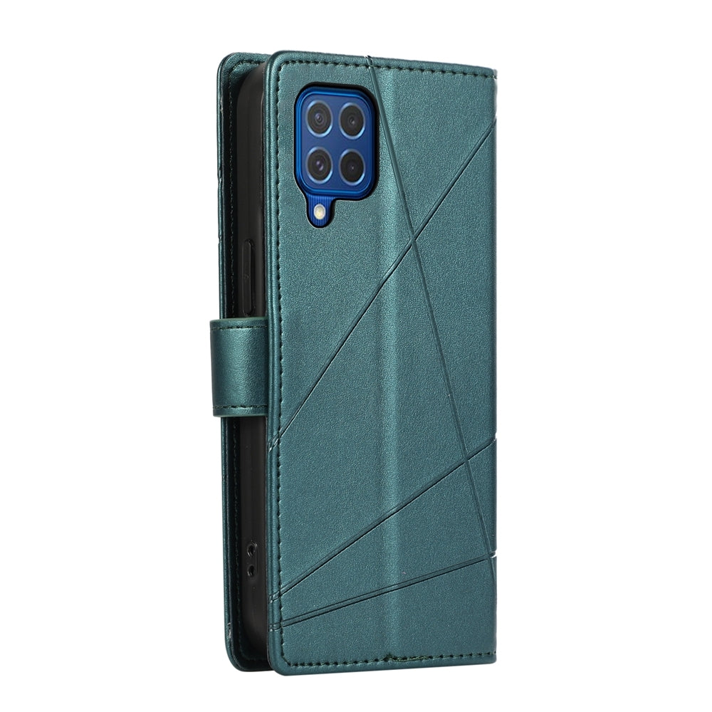 For Samsung Galaxy M62 Genuine Leather Texture Embossed Line Phone Case with Card Wallet & Kickstand