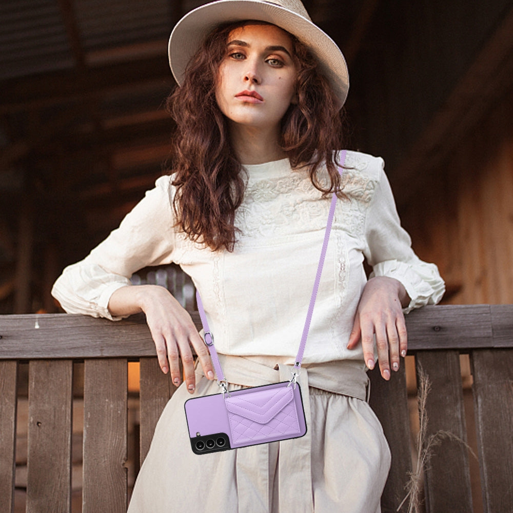 For Samsung Galaxy S21 FE Case - Rhombic Texture, RFID Blocking Wallet, Durable PU Leather with Lanyard