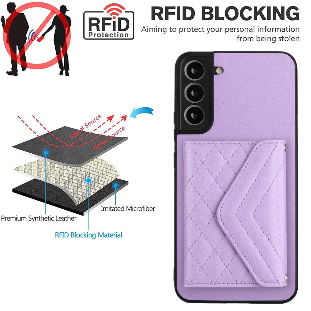 For Samsung Galaxy S21 FE Case - Rhombic Texture, RFID Blocking Wallet, Durable PU Leather with Lanyard
