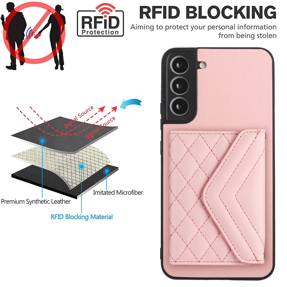 For Samsung Galaxy S21 FE Case - Rhombic Texture, RFID Blocking Wallet, Durable PU Leather with Lanyard