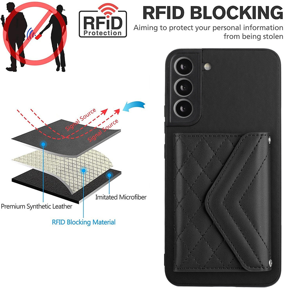 For Samsung Galaxy S21 FE Case - Rhombic Texture, RFID Blocking Wallet, Durable PU Leather with Lanyard