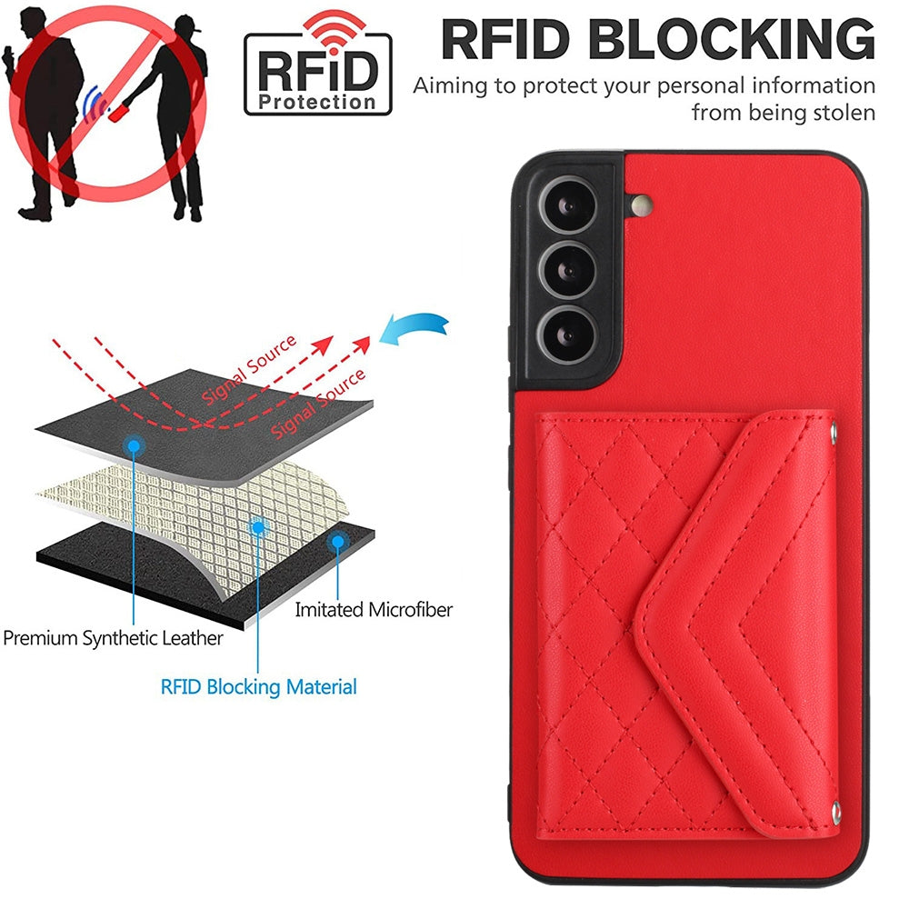 For Samsung Galaxy S21 FE Case - Rhombic Texture, RFID Blocking Wallet, Durable PU Leather with Lanyard