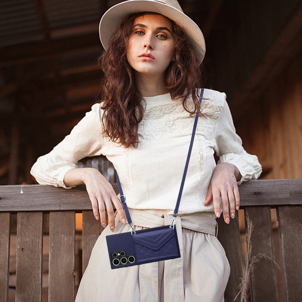 For Samsung Galaxy S23 Ultra 5G Case - Rhombic Texture, RFID Blocking Wallet, Durable PU Leather with Lanyard