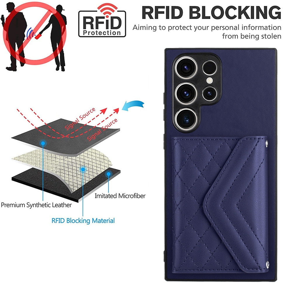 For Samsung Galaxy S23 Ultra 5G Case - Rhombic Texture, RFID Blocking Wallet, Durable PU Leather with Lanyard