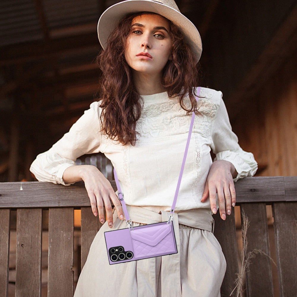 For Samsung Galaxy S23 Ultra 5G Case - Rhombic Texture, RFID Blocking Wallet, Durable PU Leather with Lanyard
