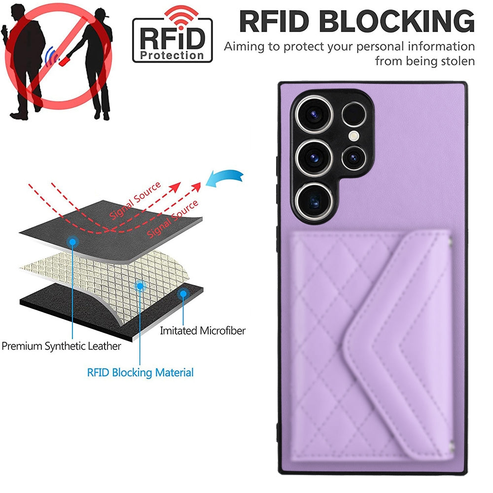 For Samsung Galaxy S23 Ultra 5G Case - Rhombic Texture, RFID Blocking Wallet, Durable PU Leather with Lanyard