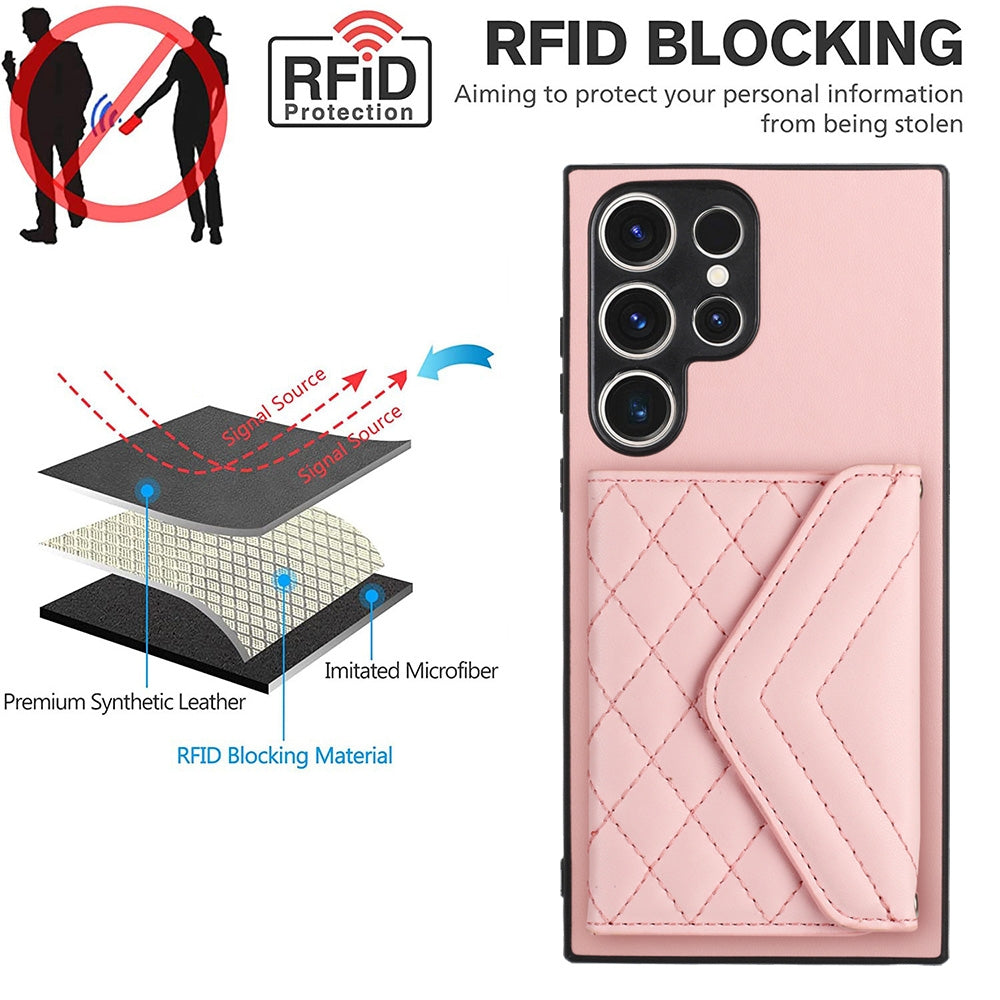 For Samsung Galaxy S23 Ultra 5G Case - Rhombic Texture, RFID Blocking Wallet, Durable PU Leather with Lanyard
