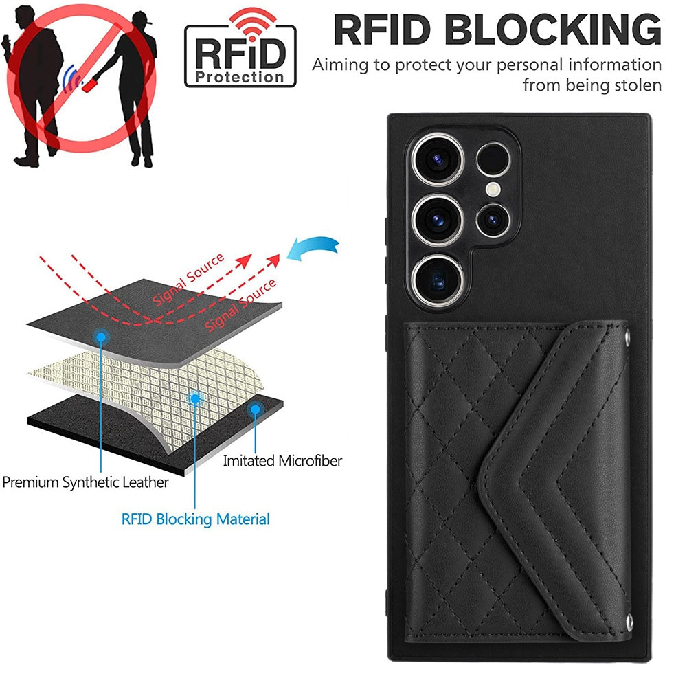 For Samsung Galaxy S23 Ultra 5G Case - Rhombic Texture, RFID Blocking Wallet, Durable PU Leather with Lanyard