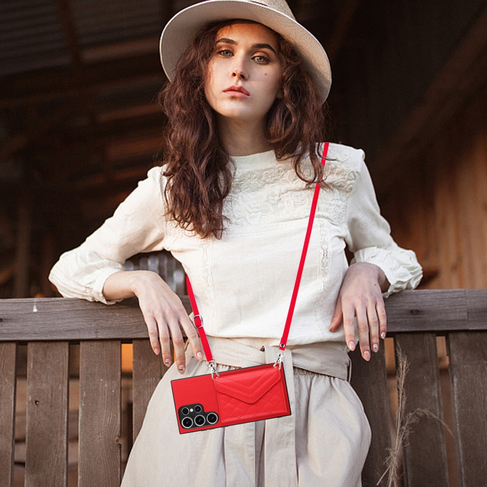 For Samsung Galaxy S23 Ultra 5G Case - Rhombic Texture, RFID Blocking Wallet, Durable PU Leather with Lanyard