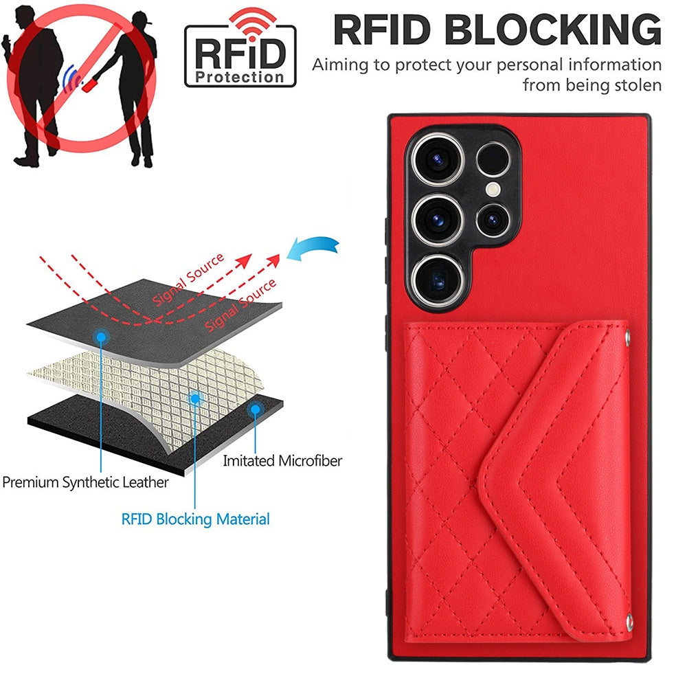 For Samsung Galaxy S23 Ultra 5G Case - Rhombic Texture, RFID Blocking Wallet, Durable PU Leather with Lanyard