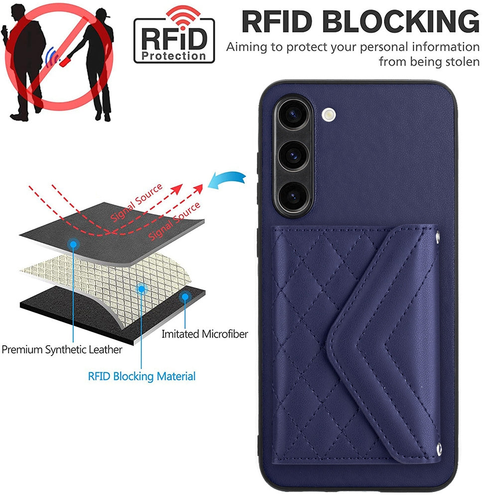 For Samsung Galaxy S23+ 5G Case - Rhombic Texture, RFID Blocking Wallet, Durable PU Leather with Lanyard