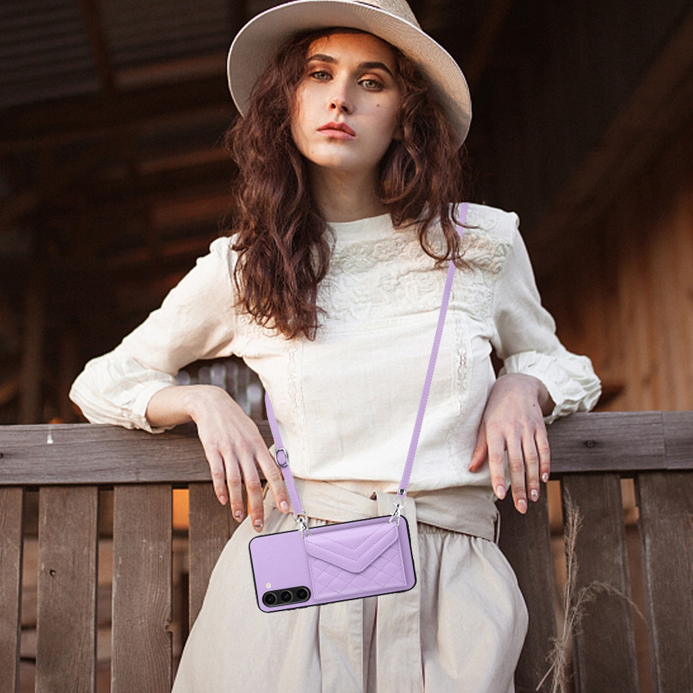 For Samsung Galaxy S23+ 5G Case - Rhombic Texture, RFID Blocking Wallet, Durable PU Leather with Lanyard