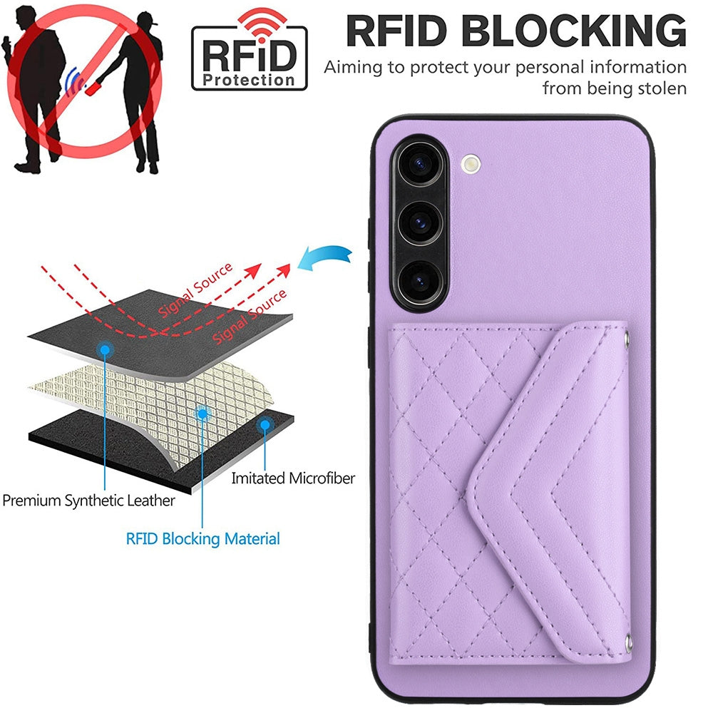 For Samsung Galaxy S23+ 5G Case - Rhombic Texture, RFID Blocking Wallet, Durable PU Leather with Lanyard