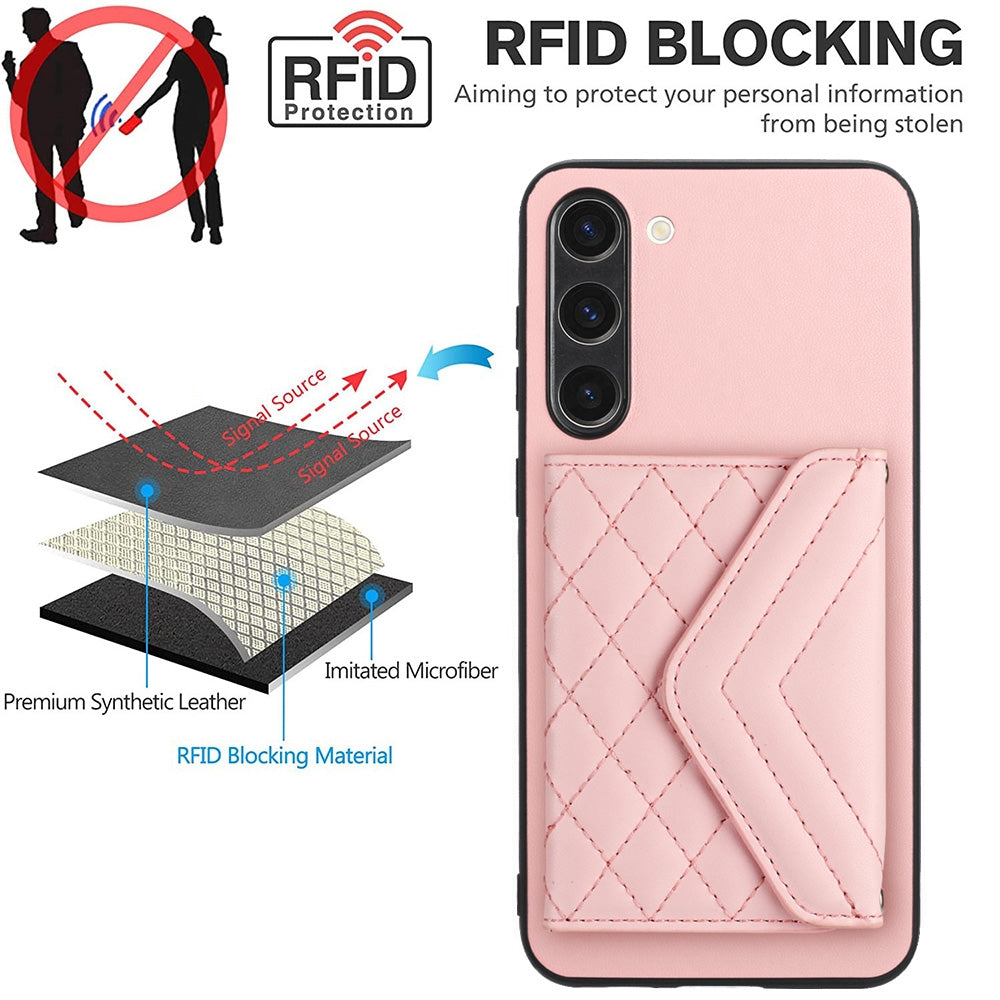 For Samsung Galaxy S23+ 5G Case - Rhombic Texture, RFID Blocking Wallet, Durable PU Leather with Lanyard