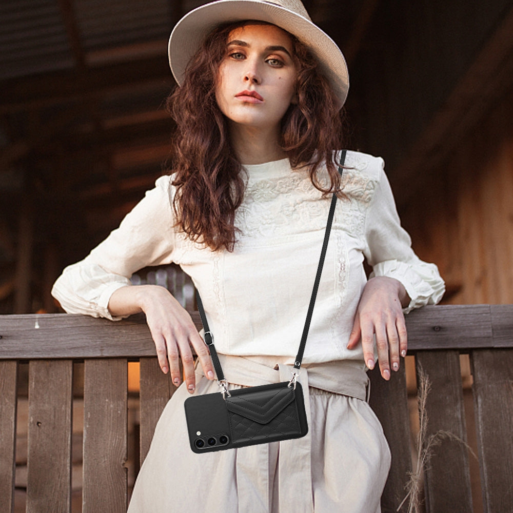 For Samsung Galaxy S23+ 5G Case - Rhombic Texture, RFID Blocking Wallet, Durable PU Leather with Lanyard