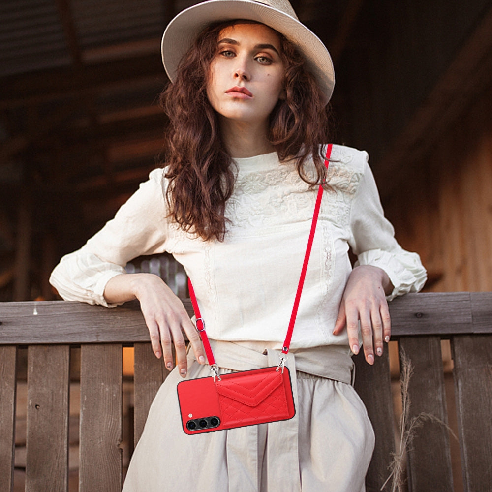 For Samsung Galaxy S23+ 5G Case - Rhombic Texture, RFID Blocking Wallet, Durable PU Leather with Lanyard