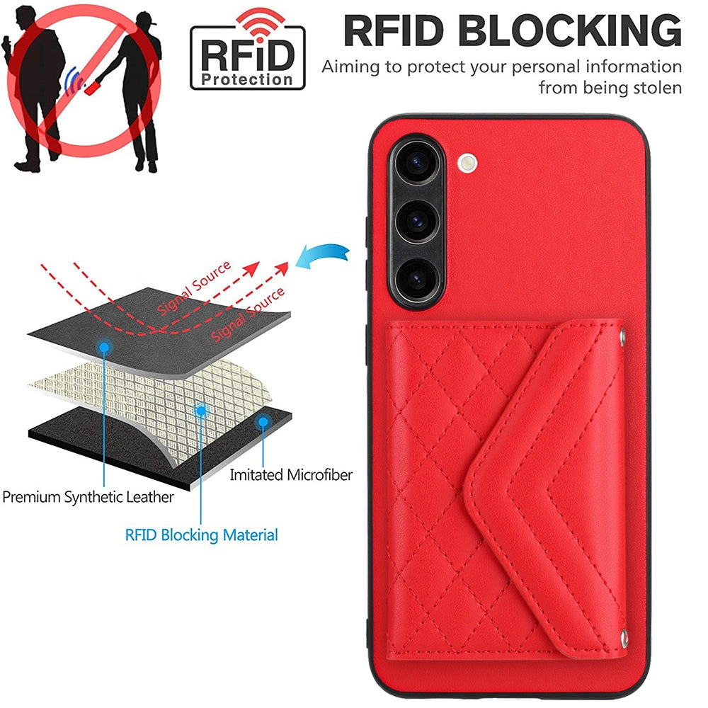 For Samsung Galaxy S23+ 5G Case - Rhombic Texture, RFID Blocking Wallet, Durable PU Leather with Lanyard