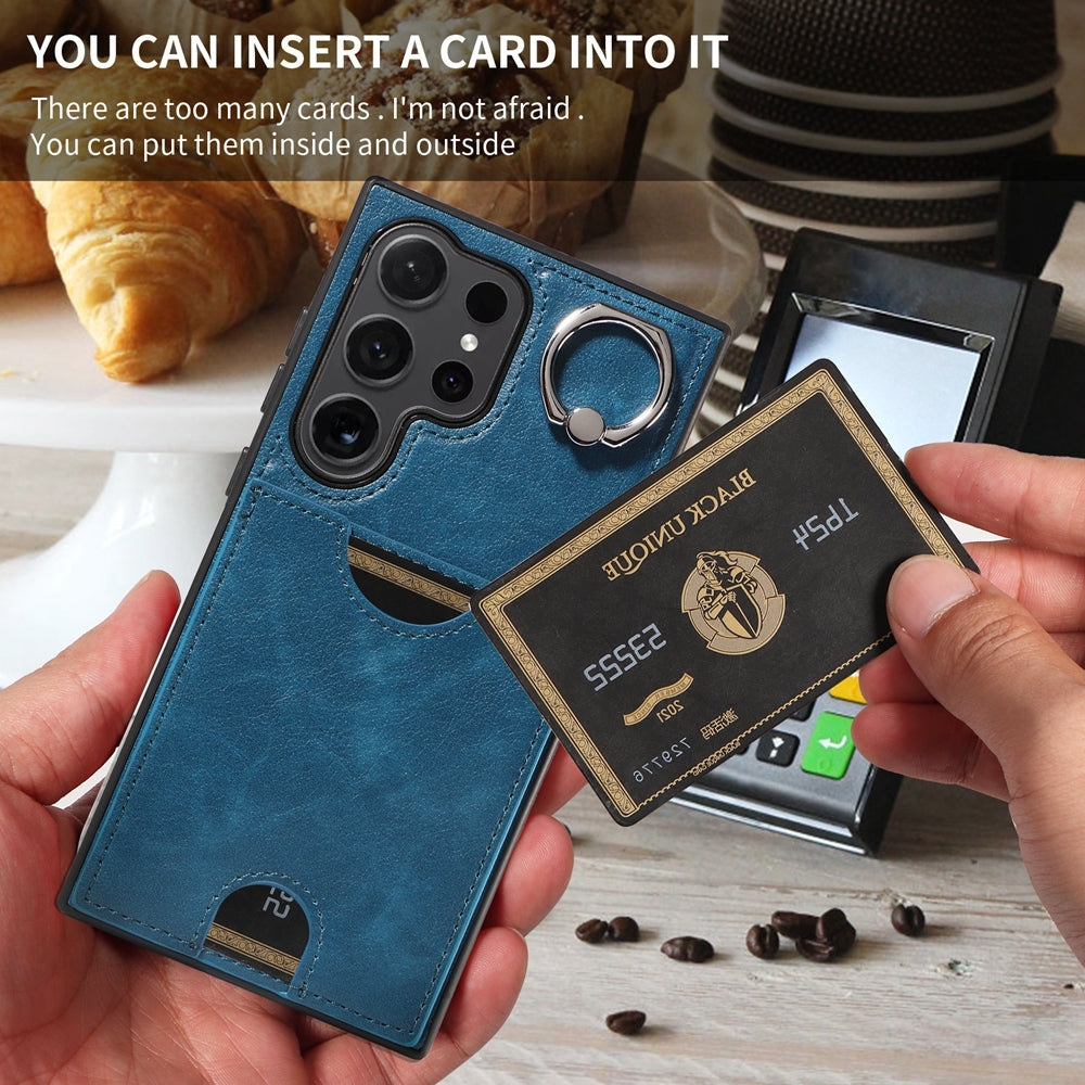 For Samsung Galaxy S24 Ultra 5G Calf Texture Phone Case with Card Slot & Ring Holder