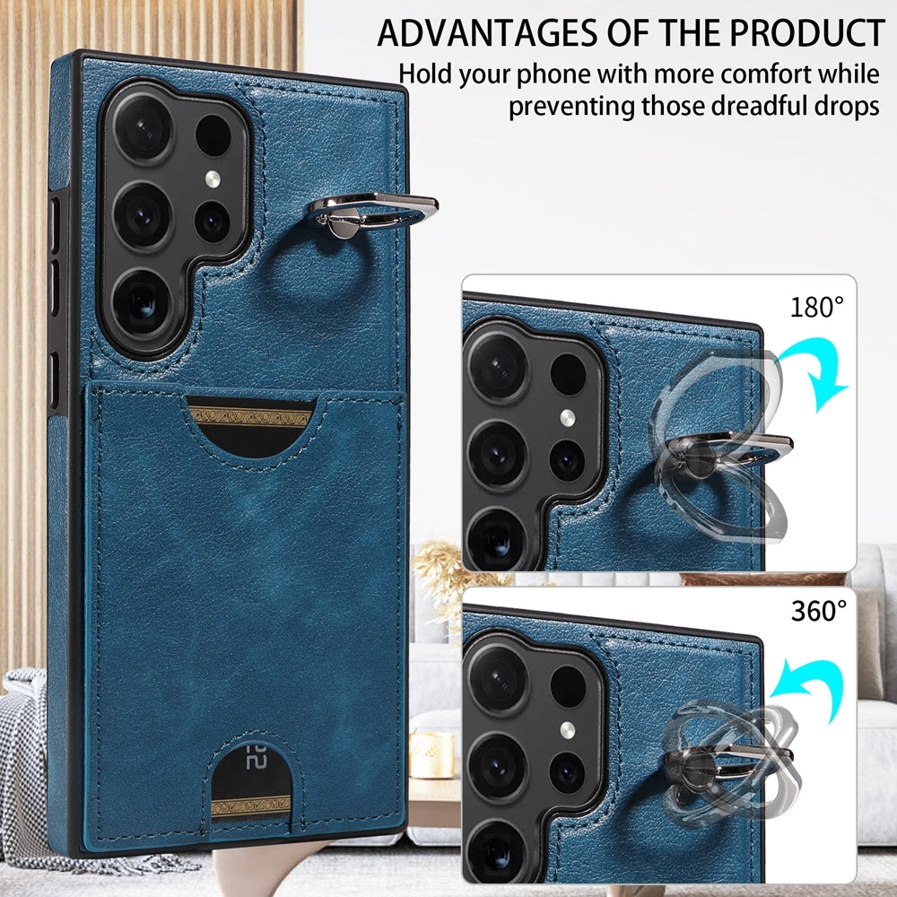 For Samsung Galaxy S24 Ultra 5G Calf Texture Phone Case with Card Slot & Ring Holder
