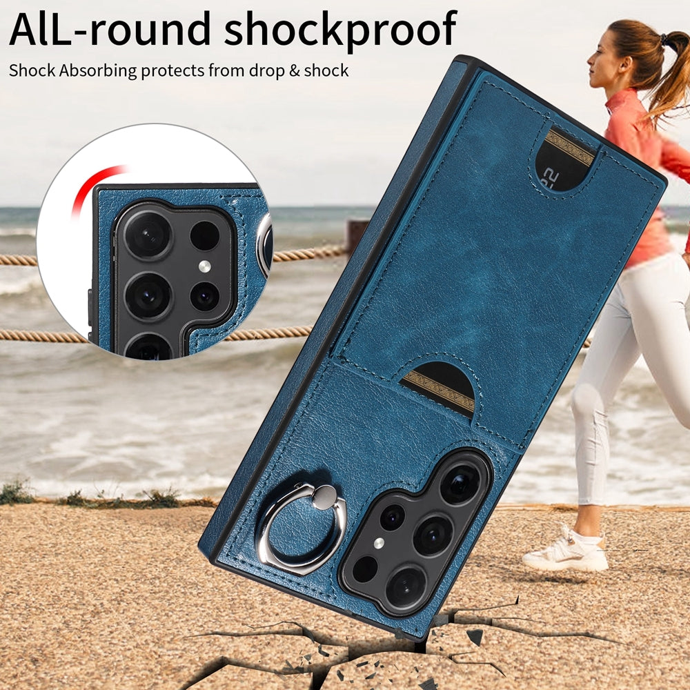 For Samsung Galaxy S24 Ultra 5G Calf Texture Phone Case with Card Slot & Ring Holder