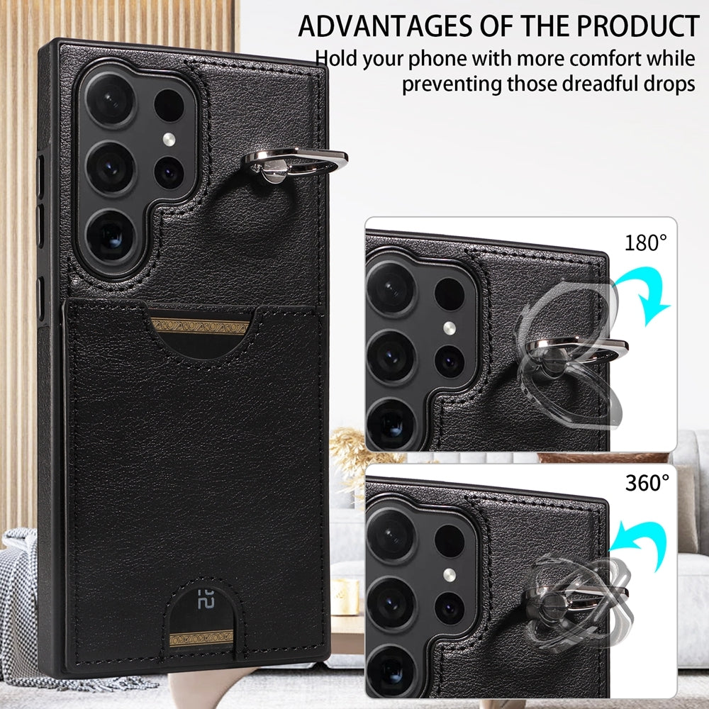 For Samsung Galaxy S24 Ultra 5G Calf Texture Phone Case with Card Slot & Ring Holder