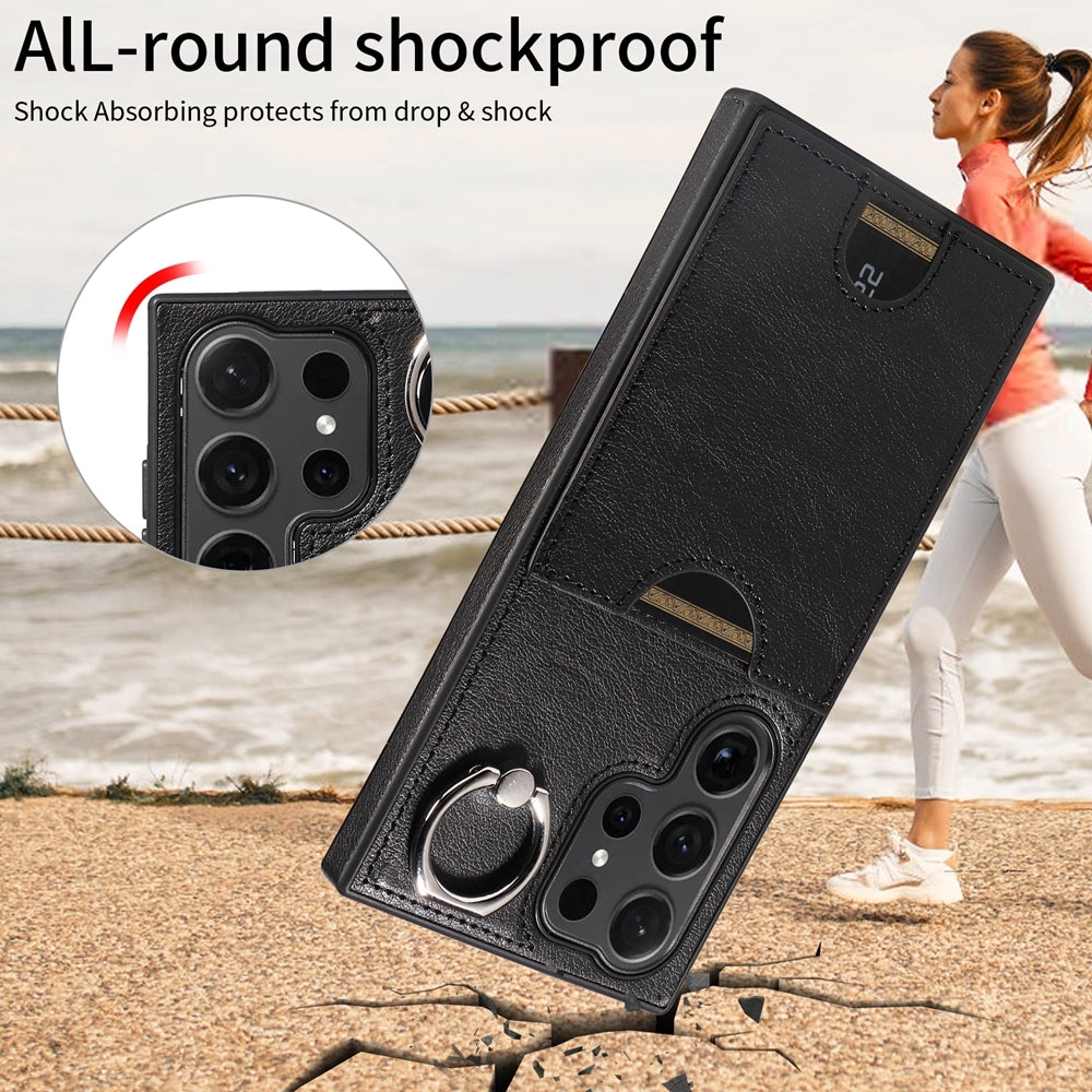 For Samsung Galaxy S24 Ultra 5G Calf Texture Phone Case with Card Slot & Ring Holder