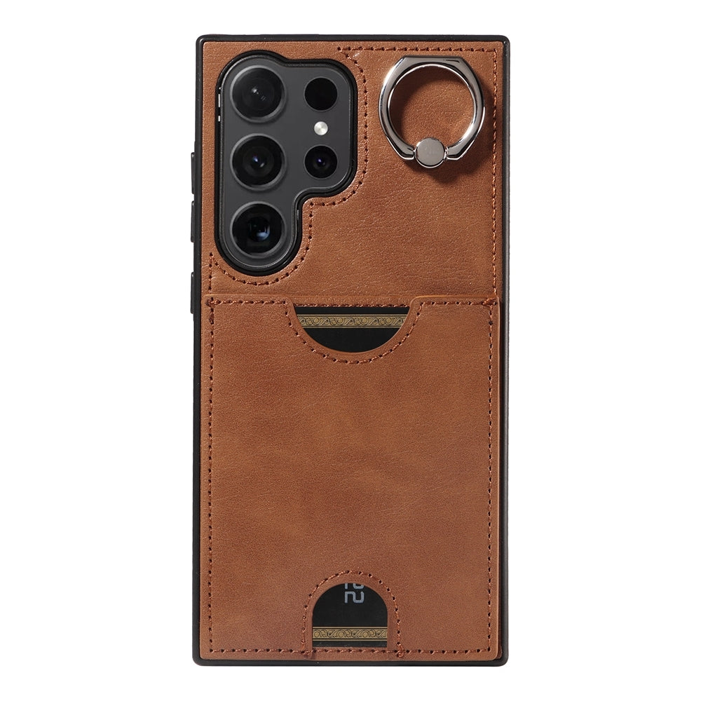 For Samsung Galaxy S24 Ultra 5G Calf Texture Phone Case with Card Slot & Ring Holder